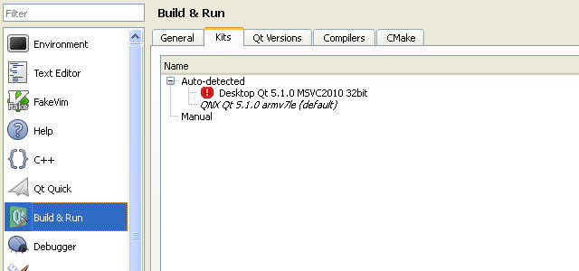Screen grab of the Kits tab in Build and Run options dialogue