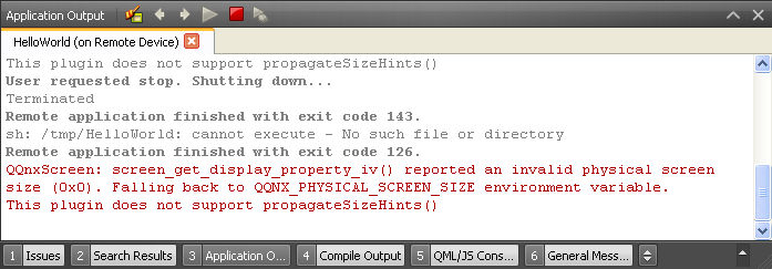 Screen grab of the application output pane containing the expected messages