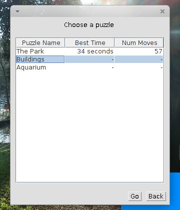 Dialog containing a 3 column table with 1 row per puzzle, columns are puzzle name, best time and lowest move count for the current user on that puzzle.